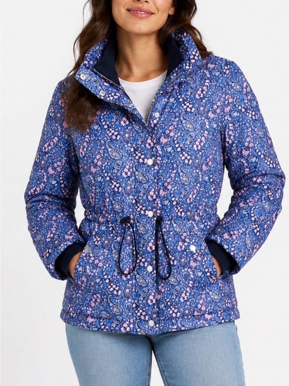 J Crew Liberty Cinched Waist Puffer in Liberty Bourton Bloom